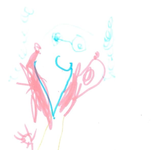 A child's drawing of Anita in blue and pink pen with curly hair