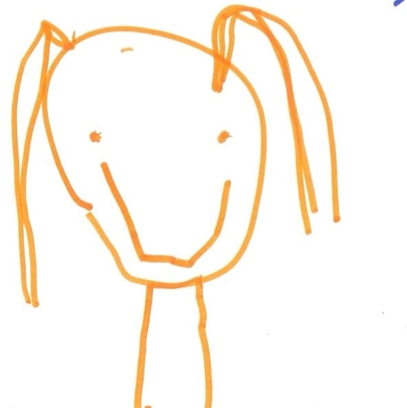 A child's drawing of Cecilia in orange pen with ponytails 