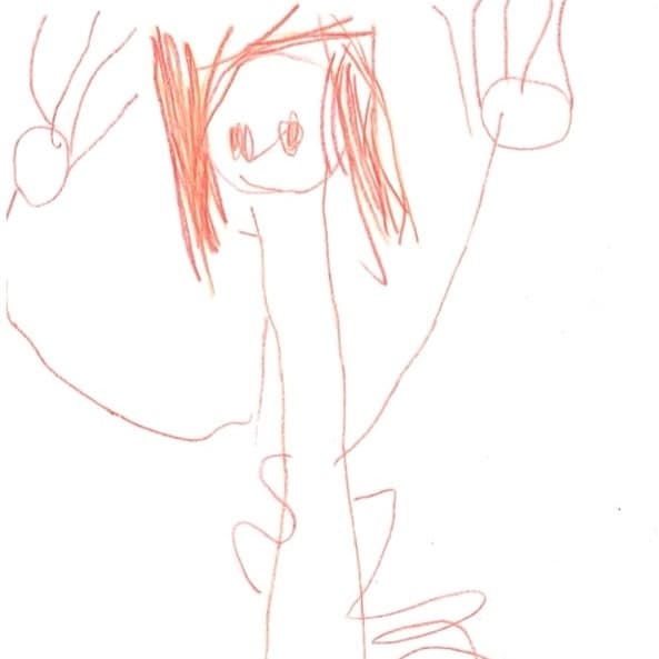 A child's drawing of Rocio dancing with her hands in the air