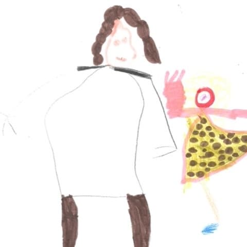 A child's drawing of Stacey and a child in a gold and brown spotty dress