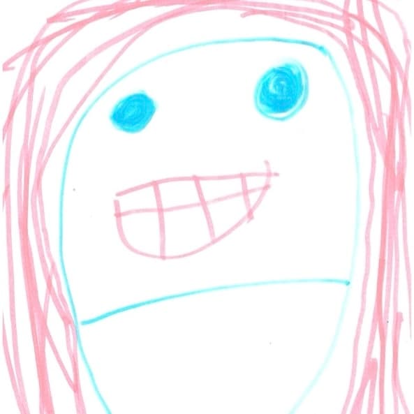 Child's drawing of Lillah with pink hair and a big toothy smile