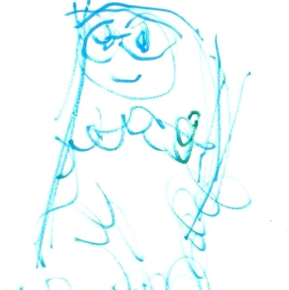 A Child's drawing of Anni all in blue pen with glasses