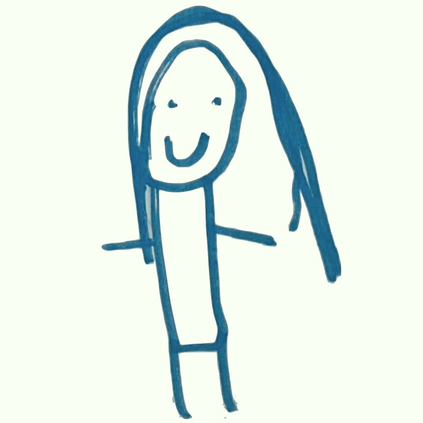 A child's drawing of Cecilia in blue pen 